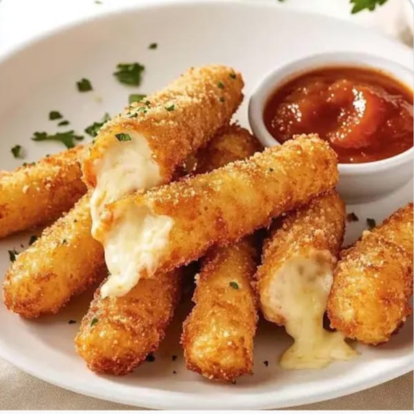 Golden-brown mozzarella sticks with melted cheese oozing out, served with a side of marinara sauce.