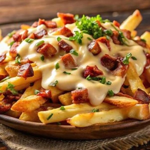 Golden french fries topped with melted cheese, crispy bacon bits, and fresh green herbs.