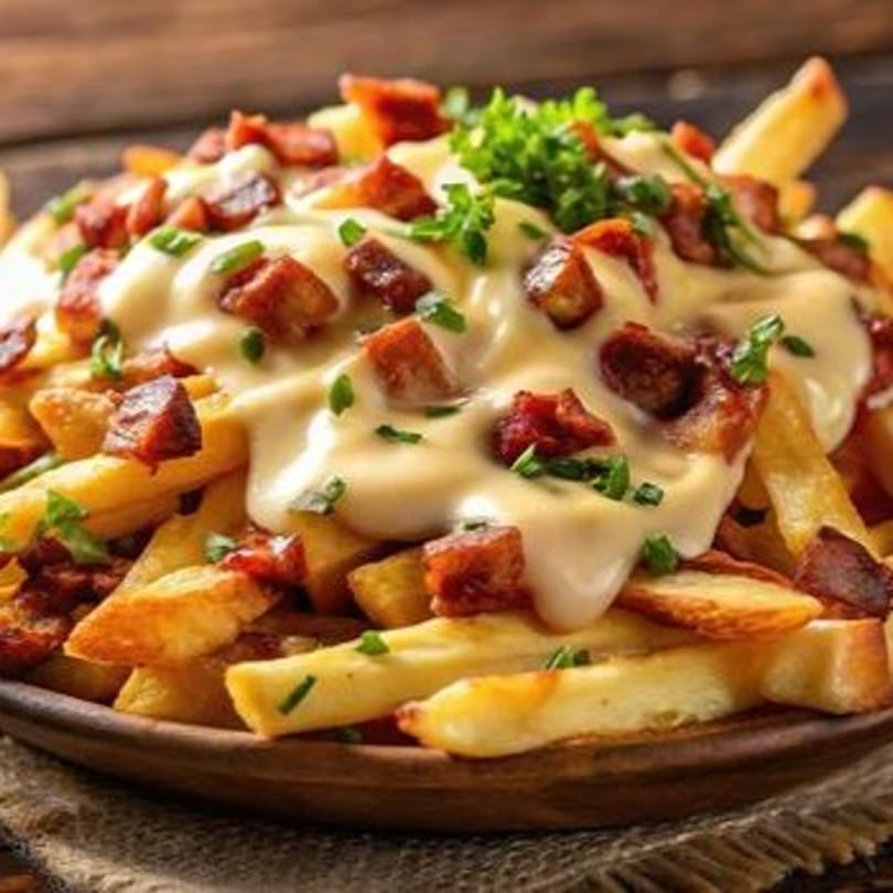 Golden french fries topped with melted cheese, crispy bacon bits, and fresh green herbs.